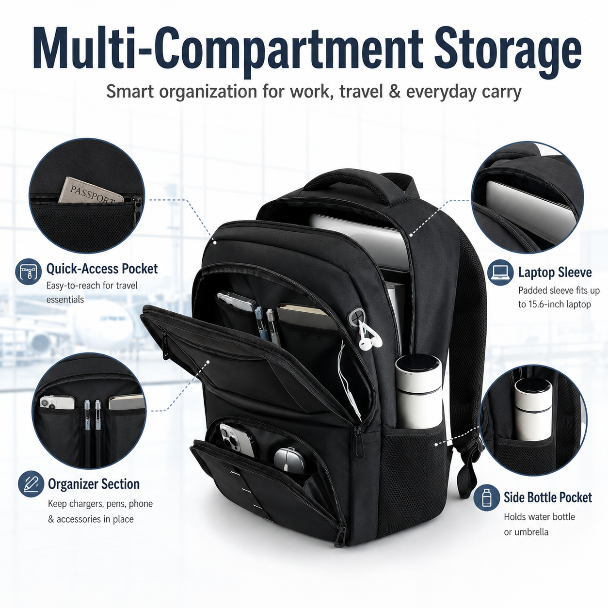 30L Reflective Travel Laptop Backpack with USB Port – Fits 17.3-Inch Laptops