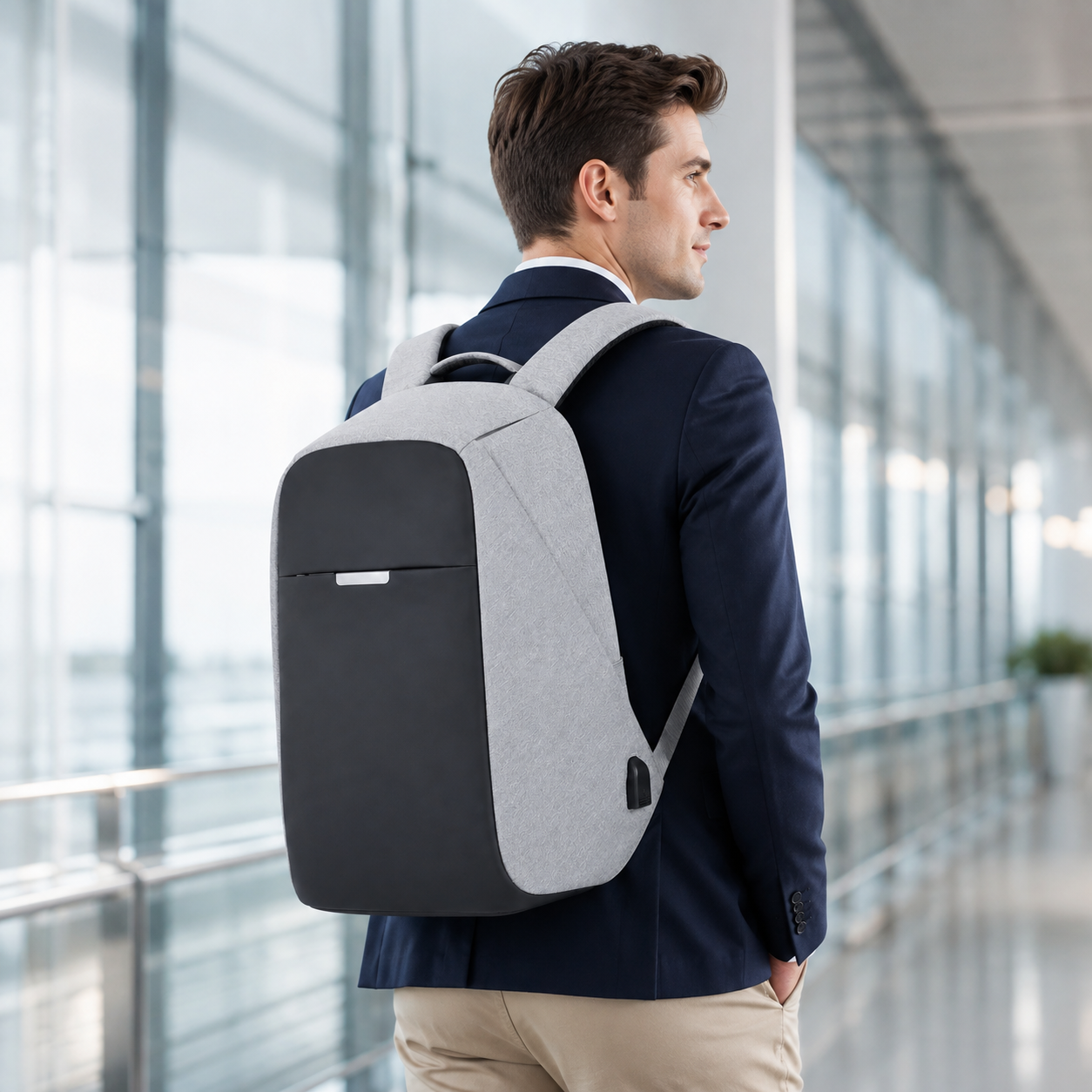 Premium Anti-Theft 15.6-Inch Laptop Backpack with USB Charging – Light Grey