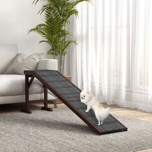 Pet Ramp for Dogs with Non-Slip Carpet & Top Platform – Brown Pine Wood, 74" × 16" × 25"