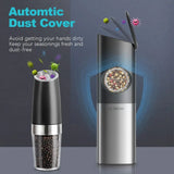 USB Rechargeable Ultrean Gravity Electric Salt And Pepper Grinder Set - Adjustable Fineness, Stainless Steel, One Handed Operation, Auto Dust Lids, LED Light, Dual Charging Base - PulinGO