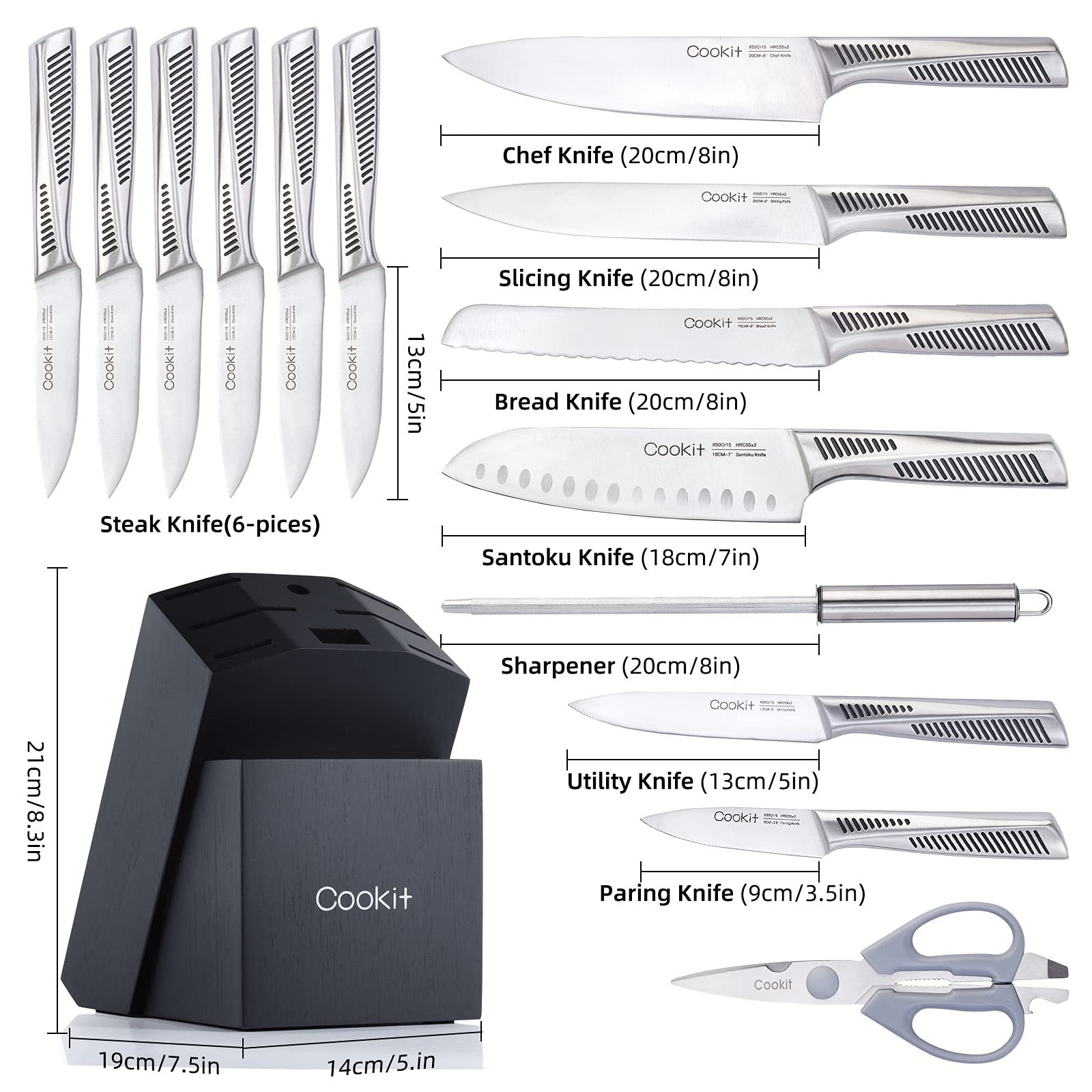 15-Piece Kitchen Knife Set with Block – German High-Carbon Stainless Steel, Hollow Ergonomic Handles, Includes Scissors & Sharpener, Oak Block