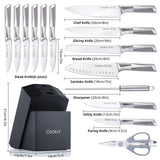 15-Piece Kitchen Knife Set with Block – German High-Carbon Stainless Steel, Hollow Ergonomic Handles, Includes Scissors & Sharpener, Oak Block