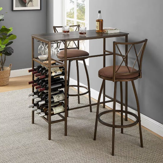 3-Piece Bar Table Set with Stools - Industrial Kitchen & Dining Table for Small Spaces (Retro Brown)