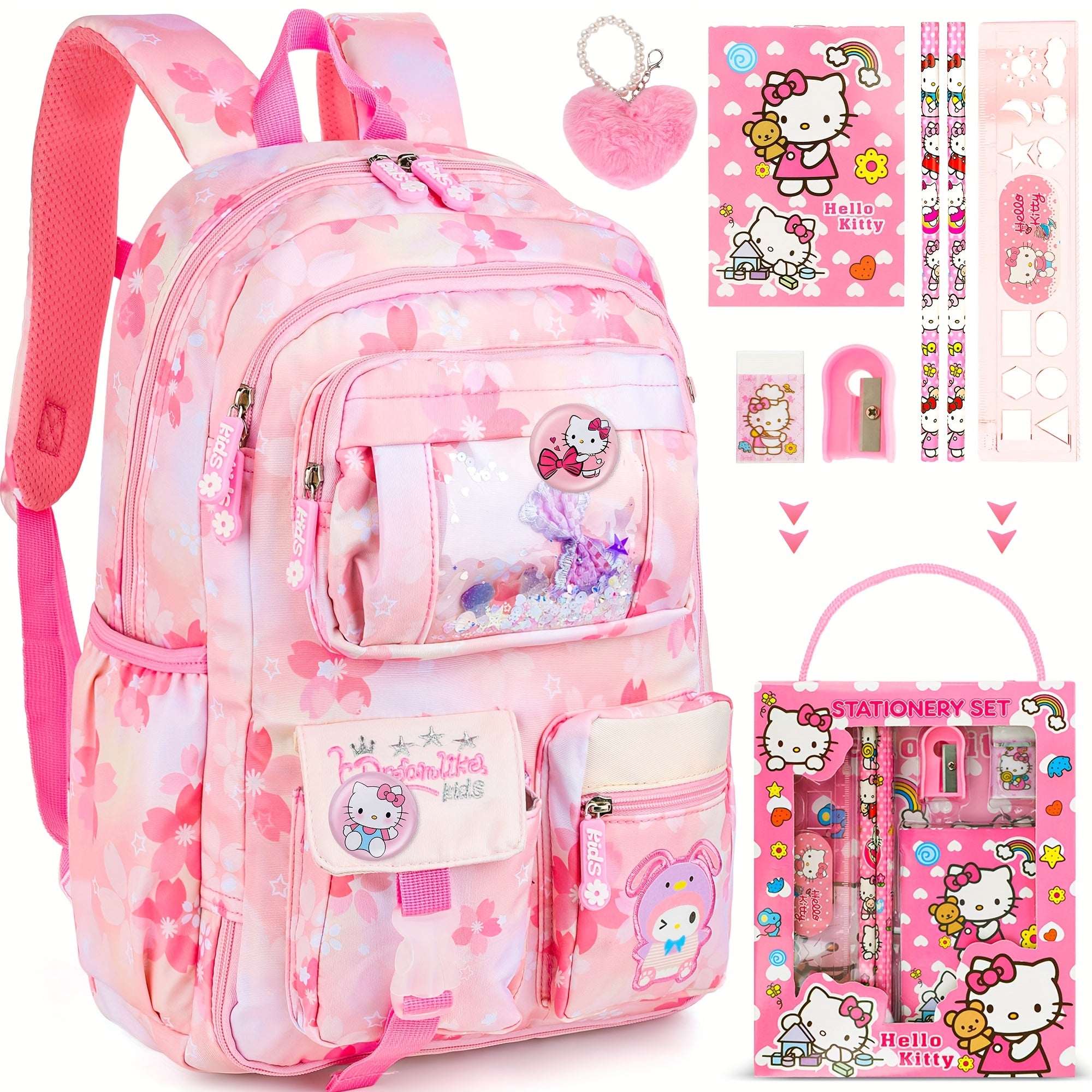 Sanrio Hello Kitty Girls Backpack & Duffel Bag Set – Pastel Pink Large-Capacity School Bag + Travel Luggage