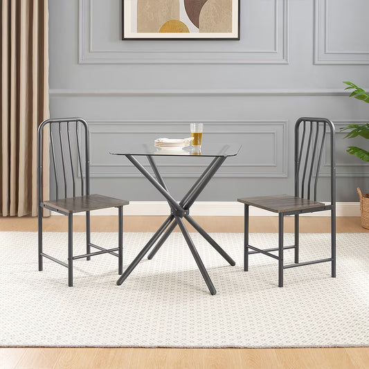 3-Piece Modern Bistro Set for 2 - Square Glass Dining Table with 2 Chairs