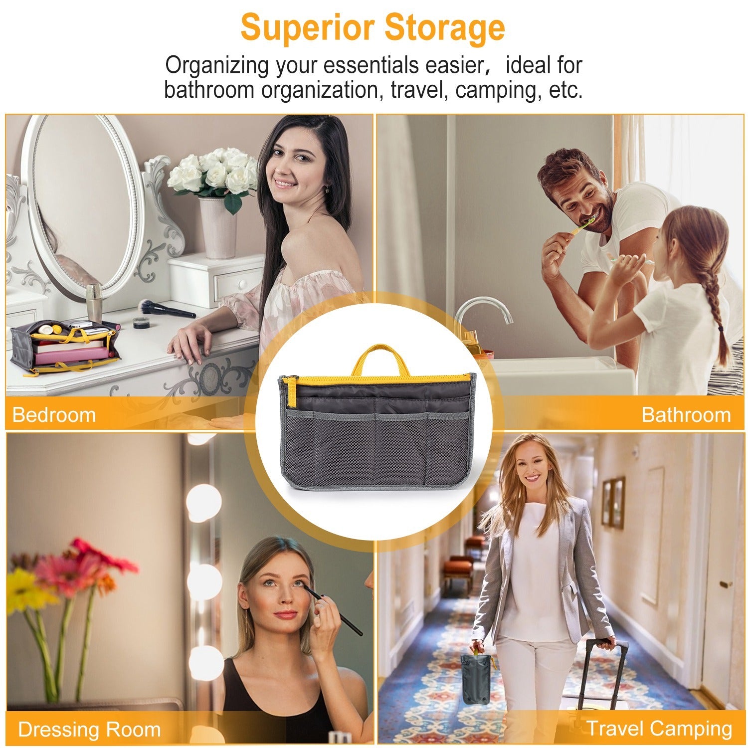Women’s Travel Insert Handbag Organizer 👜 Multi-Pocket Makeup & Toiletry Purse Liner with Hand Strap