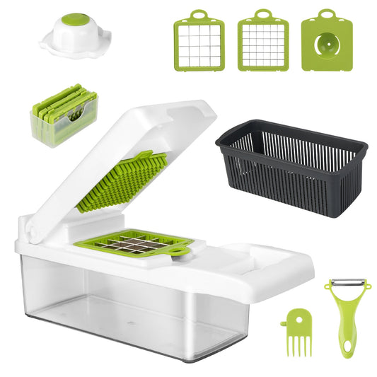 12-in-1 Vegetable Chopper with Container – Multifunctional Slicer, Dicer, Grater, Peeler & Kitchen Tool Set