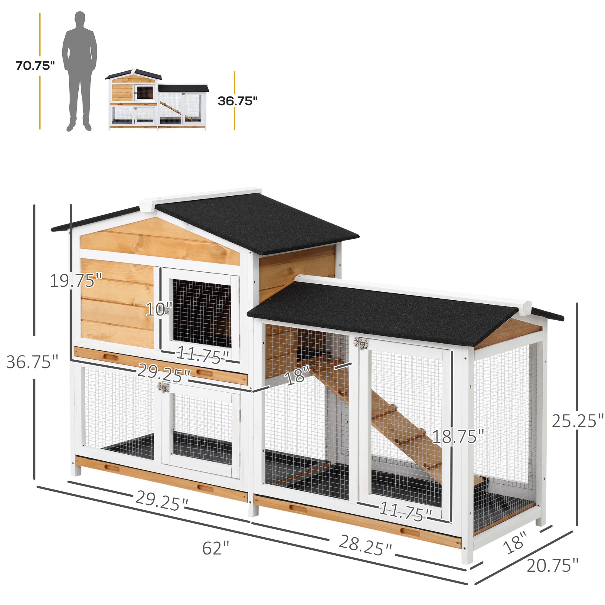 2-Storey Wooden Rabbit Hutch – Small Animal House with Ramp, Enclosed Shelter & Open Run Area