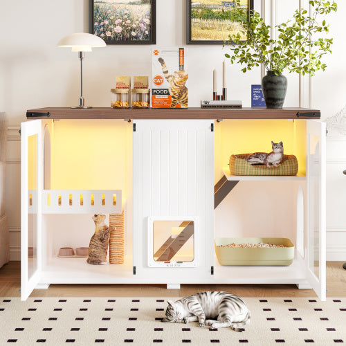 47.25″ Large Cat Litter Box Enclosure with LED Light – Hidden Cat House with Stairs, Scratching Post & Smart Doors (White)