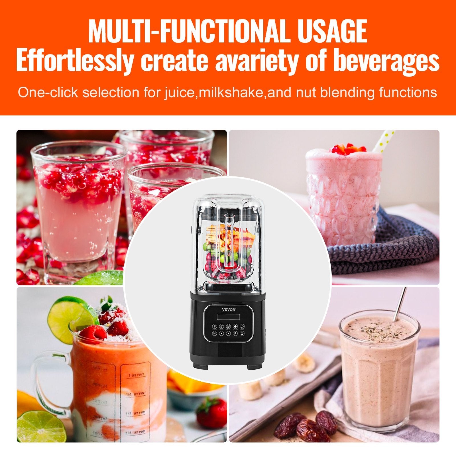 VEVOR Professional Quiet Blender - 1800W Commercial Blender with Sound Shield for Smoothies & Ice Crushing