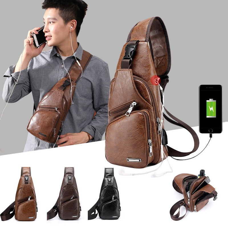 Men’s USB Charging Chest Bag – PU Leather Crossbody Travel Shoulder Messenger Bag