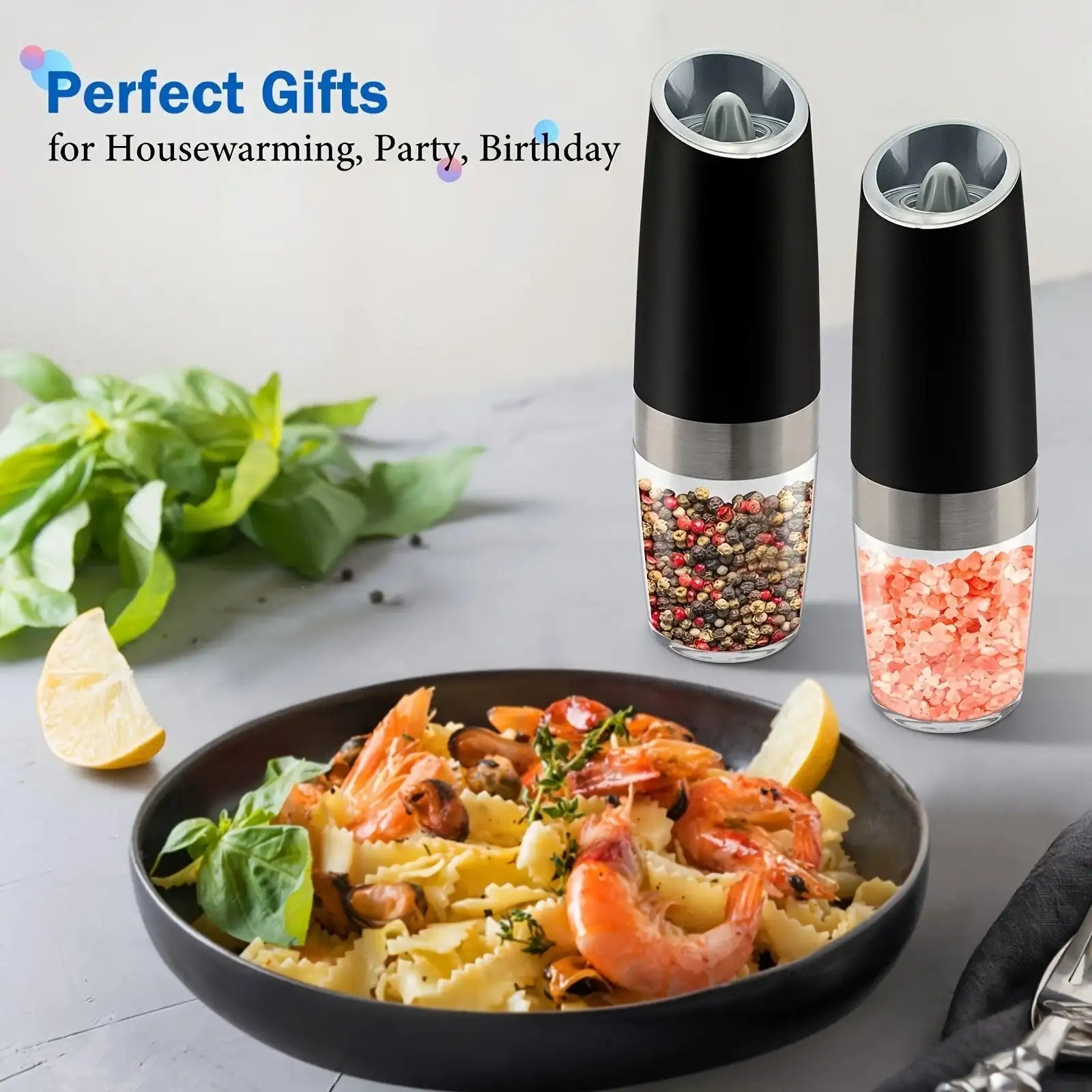 [Gravity Electric Grinder] Automatic Gravity Electric Salt and Pepper Grinder Set - Battery Powered LED Light One Hand Operation - Adjustable Coarseness Mill Grinders Shakers Black, Kitchen Gadgets Gift Ideas - PulinGO