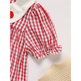 Toddler Kids Girls Back to School Dress – Smocked Collar Puff Sleeve Plaid Embroidered Outfit