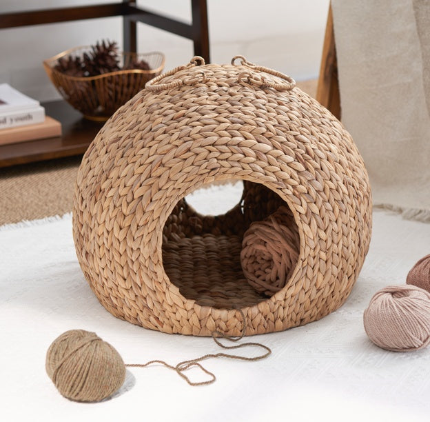 Weaving Rattan Circular Cat Bed – Handcrafted Round Pet Nest with Cushion, Breathable Design & Cozy Comfort