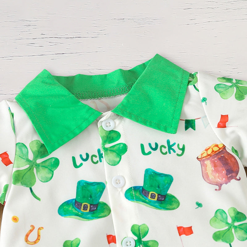 Newborn Baby Boy St. Patrick’s Day Outfit ☘️ Clover Print Romper & Suspenders Pants Set (119 karakter ✅)