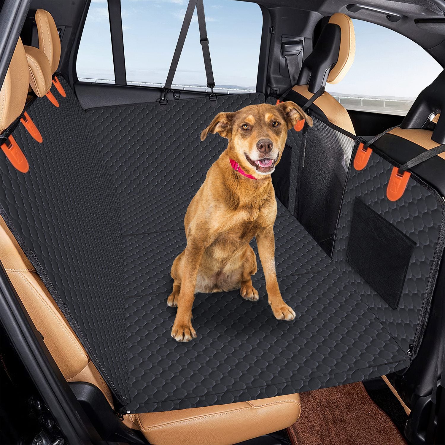 Dog Car Back Seat Cover – Waterproof 600D Oxford Cloth Protector with Zipper Mesh Window, Storage Bags & Side Flaps for Cars, Trucks & SUVs