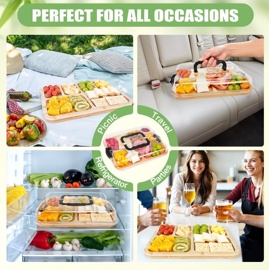 Charcuterie Board with Clear Lid – Portable Bamboo Serving Tray, 6 Compartments, Travel-Friendly