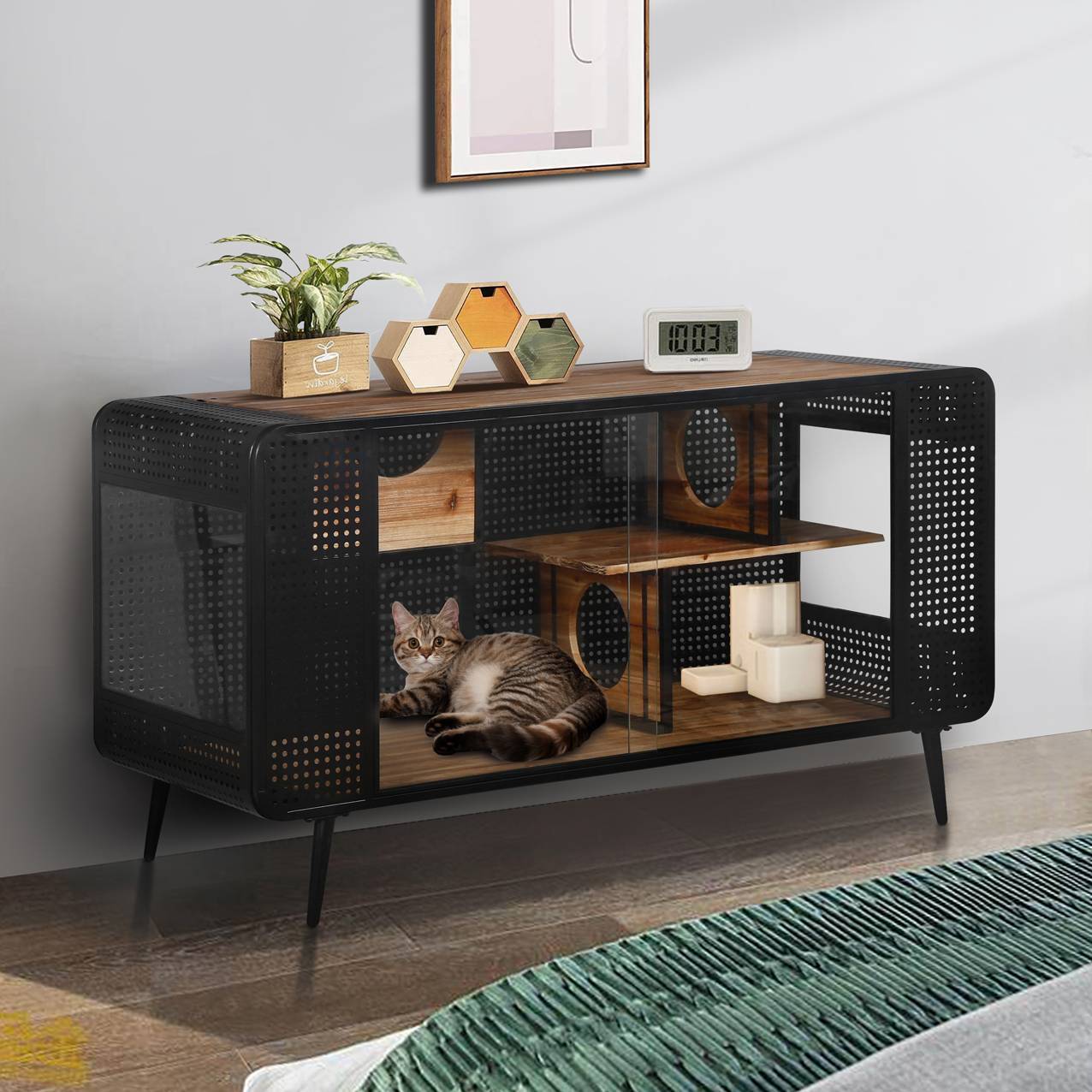 Spacious Cat House with Tempered Glass for Living Room & Hallway