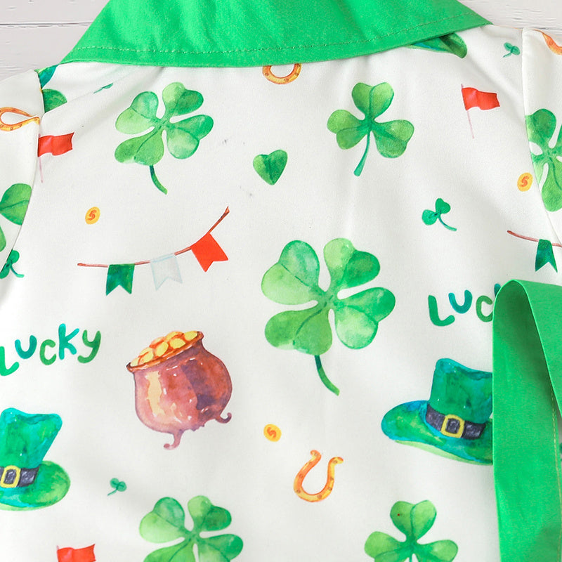 Newborn Baby Boy St. Patrick’s Day Outfit ☘️ Clover Print Romper & Suspenders Pants Set (119 karakter ✅)