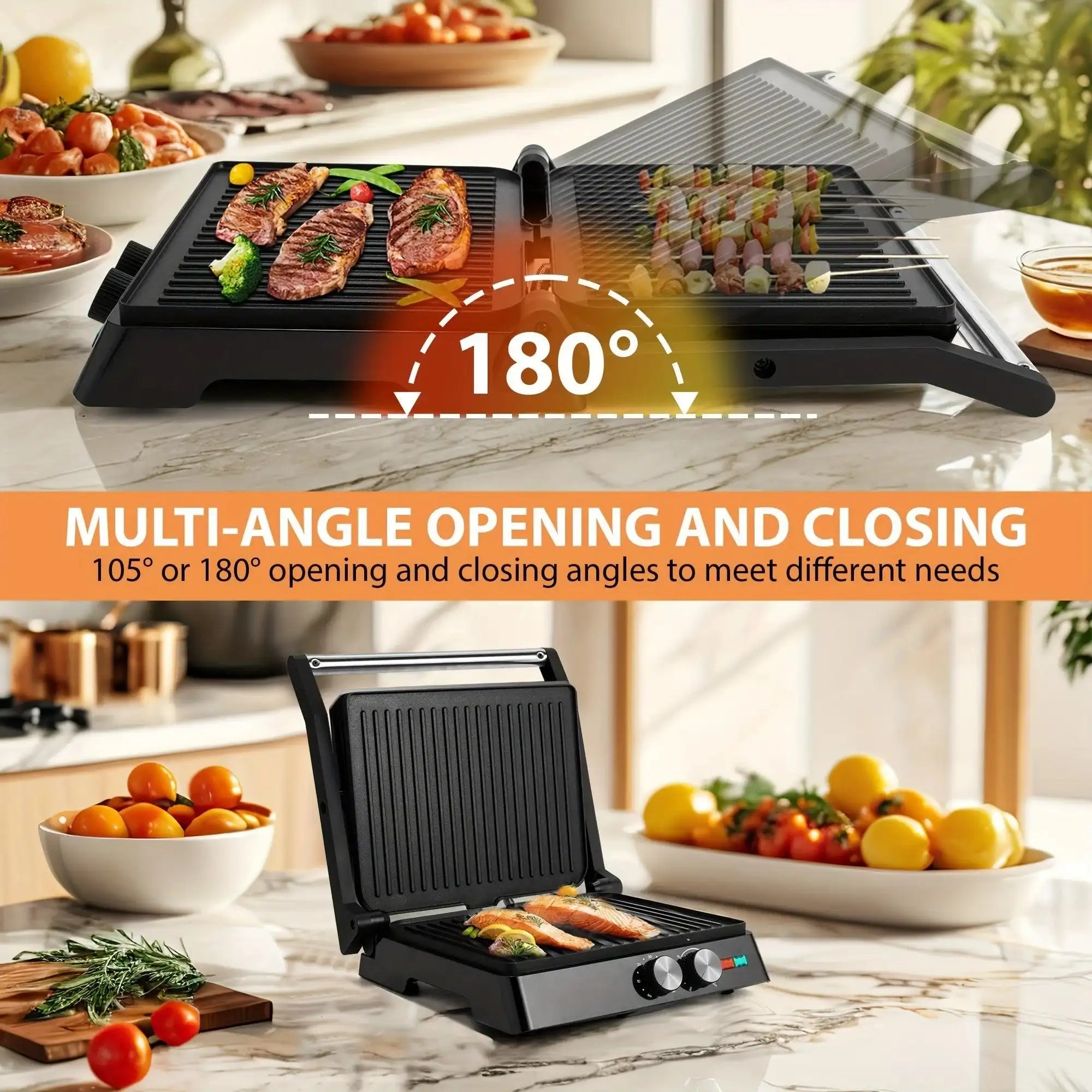 3-in-1 Electric Indoor Grill & Panini Press - 1400W Dual-Sided Non-Stick Grill with 180° Floating Hinge, Adjustable Temp (365°F-410°F), 60-Min Timer, Overheat/Quick Cook Modes & Grease Tray - Compact Black Kitchen Applianc - PulinGO