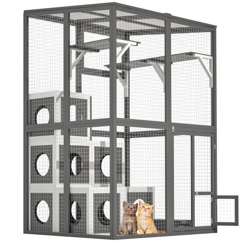 Outdoor Wooden Cat Catio – Spacious Walk-In Kennel with Platforms, Napping Houses & Solid Wood Construction (Grey)