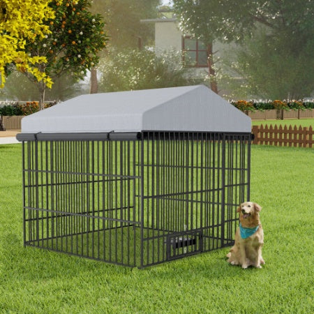 Large Outdoor Dog Kennel with Roof Cover, Lockable Door – 6.6'L × 6.6'W × 6.4'H Pet Run Enclosure