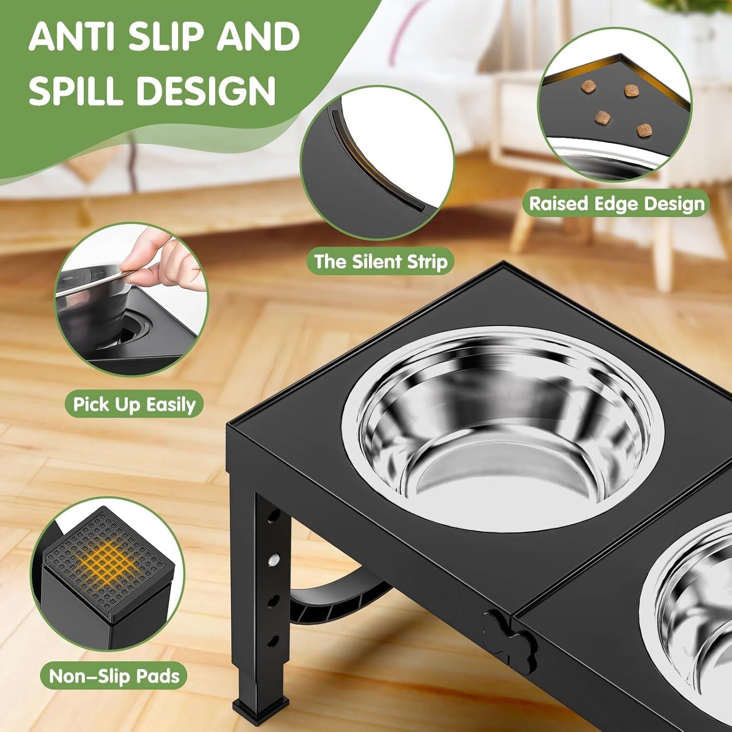 XIA Z Fashion Pet Products – Black Dog Bowl Holder with Double Stainless Steel Feeding Bowls, Non-Slip Elevated Stand