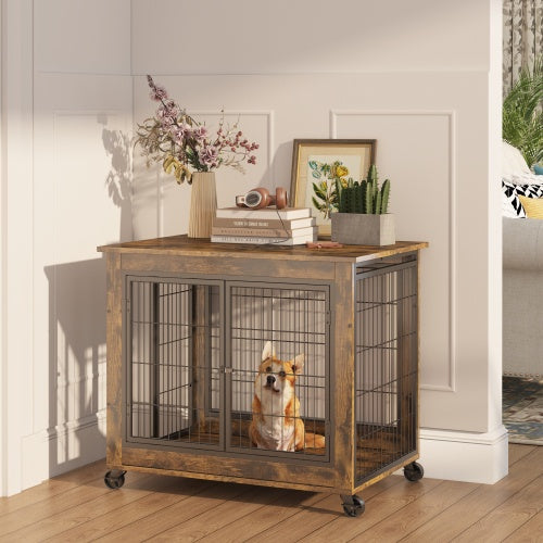 Furniture-Style Dog Crate Side Table – Rustic Brown Wooden Kennel with Double Doors, Lift-Top & Wheels