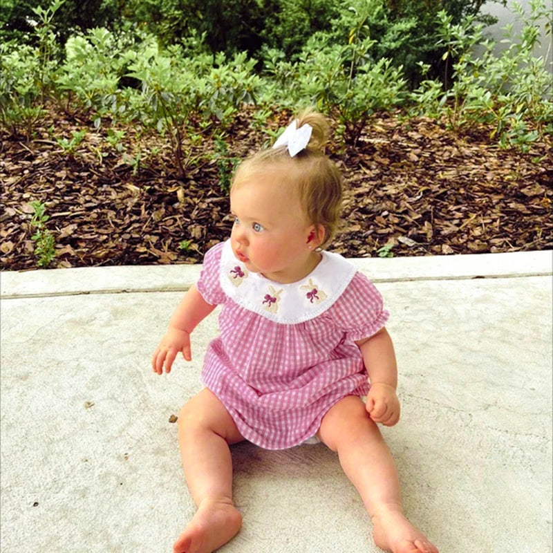 Infant Girls Plaid Easter Bunny Smocked Dress 🎀 Short Sleeve Party Outfit