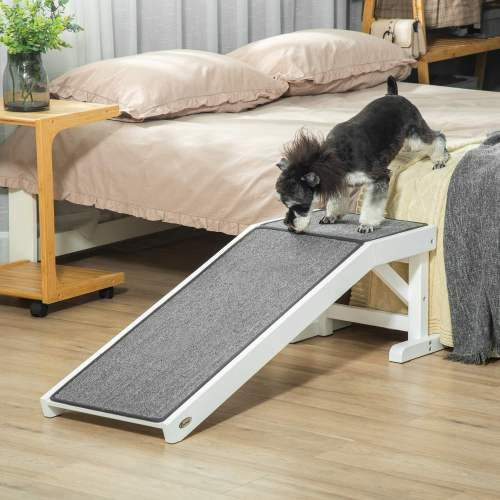 Dog Bed Ramp with Non-Slip Carpet & Top Platform – Wooden Pet Ramp for Small & Senior Dogs (