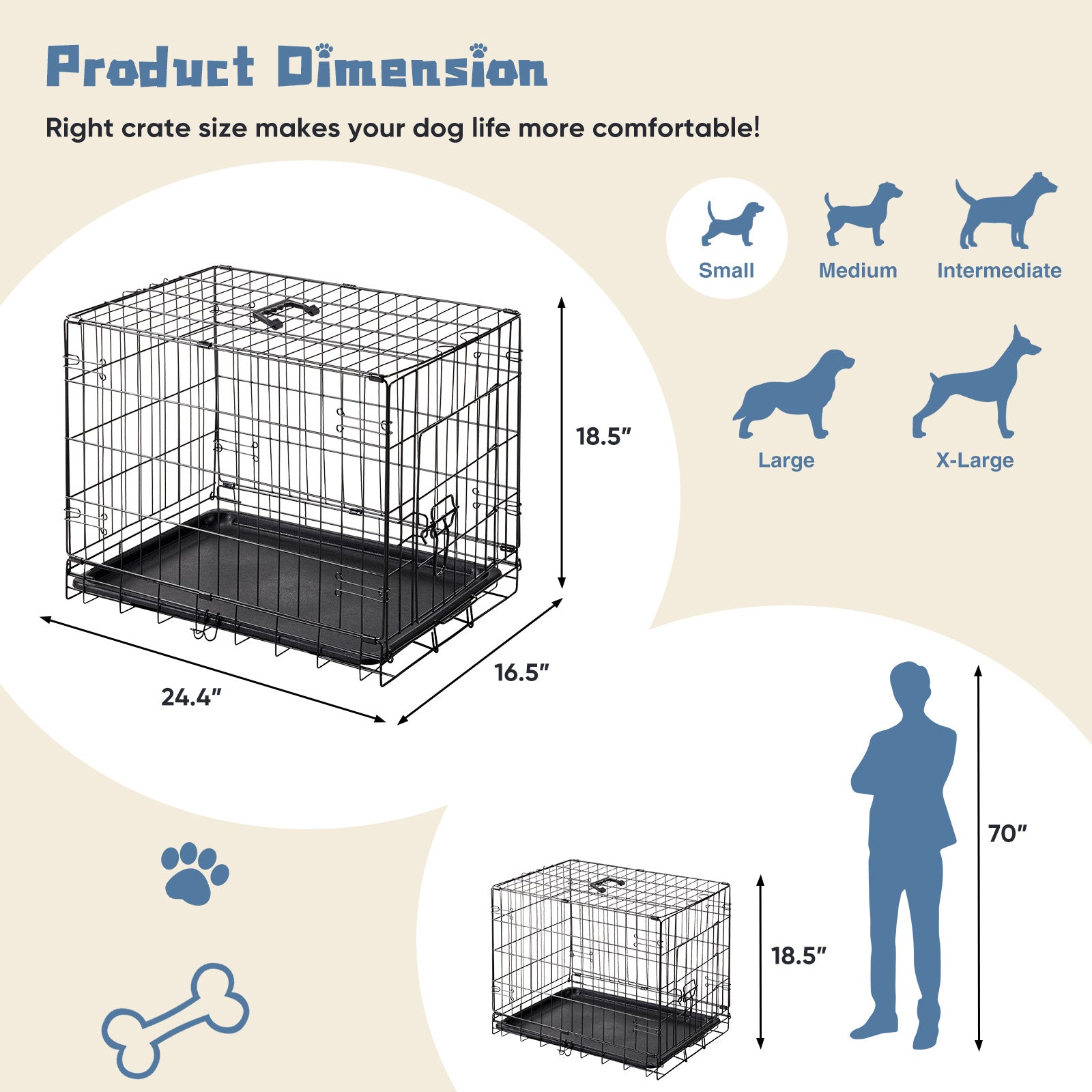 Single Door Dog Cage – 24–30 Inch Foldable Metal Crate with Secure Lock & Removable Tray for Easy Cleaning