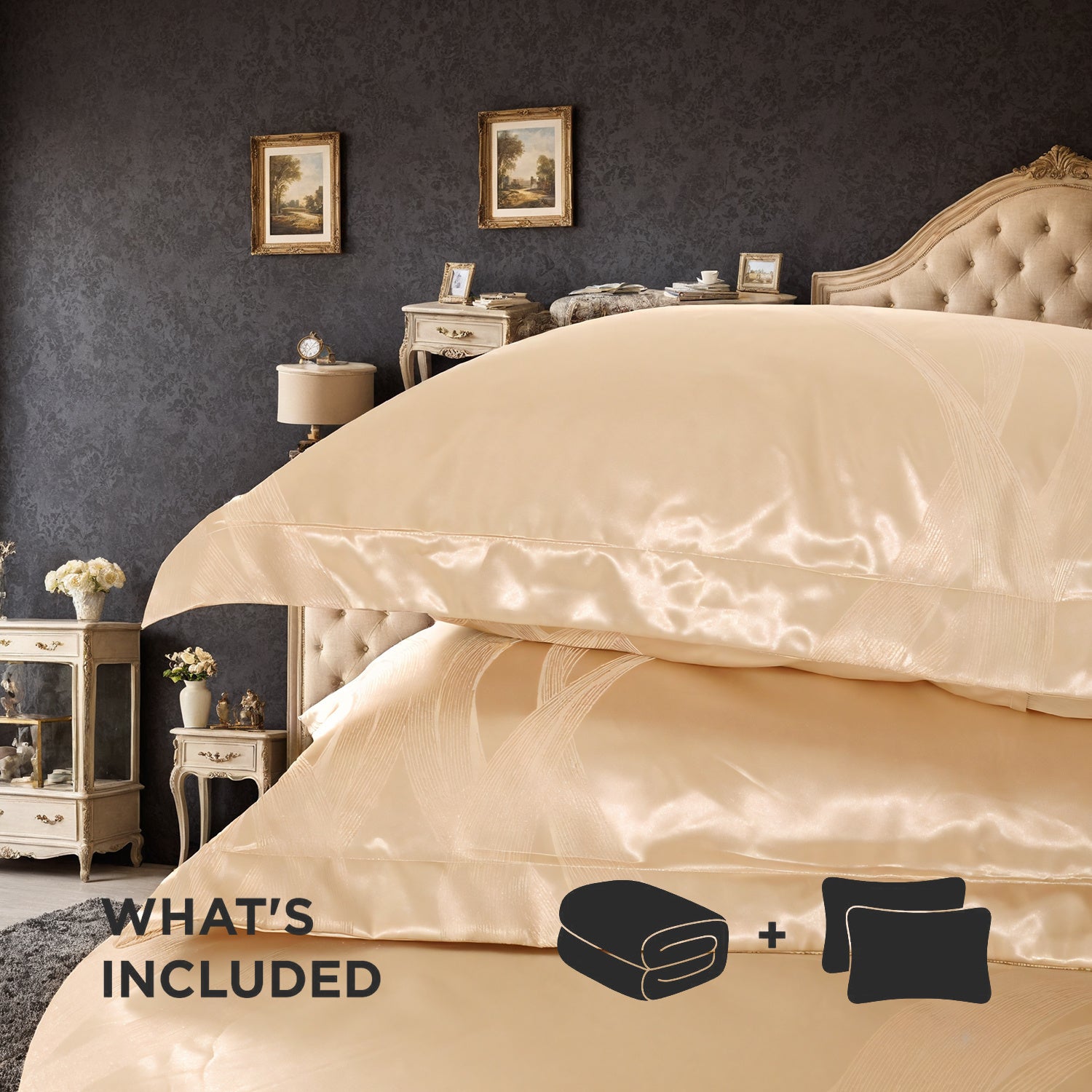 Luxurious Satin Microfiber Bedding Set – Double-Sided Jacquard Italian-Style Gold with Ultra-Shine, 3-Piece King-Size Quilt Cover & Pillowcase, Machine-Washable