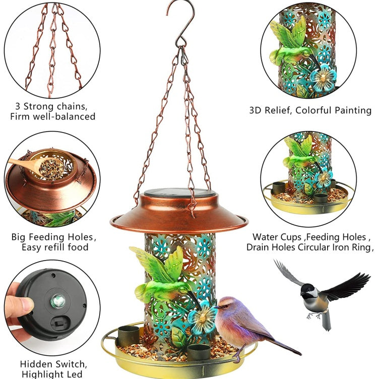 Solar Bird Feeder with Lantern Design – Hanging Metal Outdoor Bird Feeder with S-Hook, Solar Garden Light & Gift for Bird Lovers