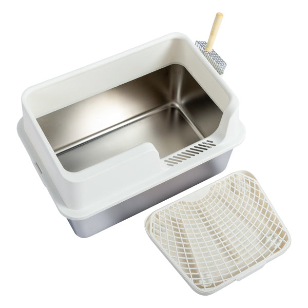 Stainless Steel Cat Litter Box with Plastic Buckle, Shovel & Foot Pad – White