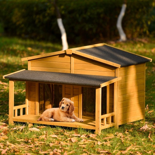 Large Wooden Dog House – Outdoor Hut Style with Porch & Dual Doors, Weatherproof Pet Shelter for Medium & Large Dogs