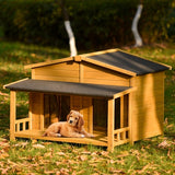 Large Wooden Dog House – Outdoor Hut Style with Porch & Dual Doors, Weatherproof Pet Shelter for Medium & Large Dogs