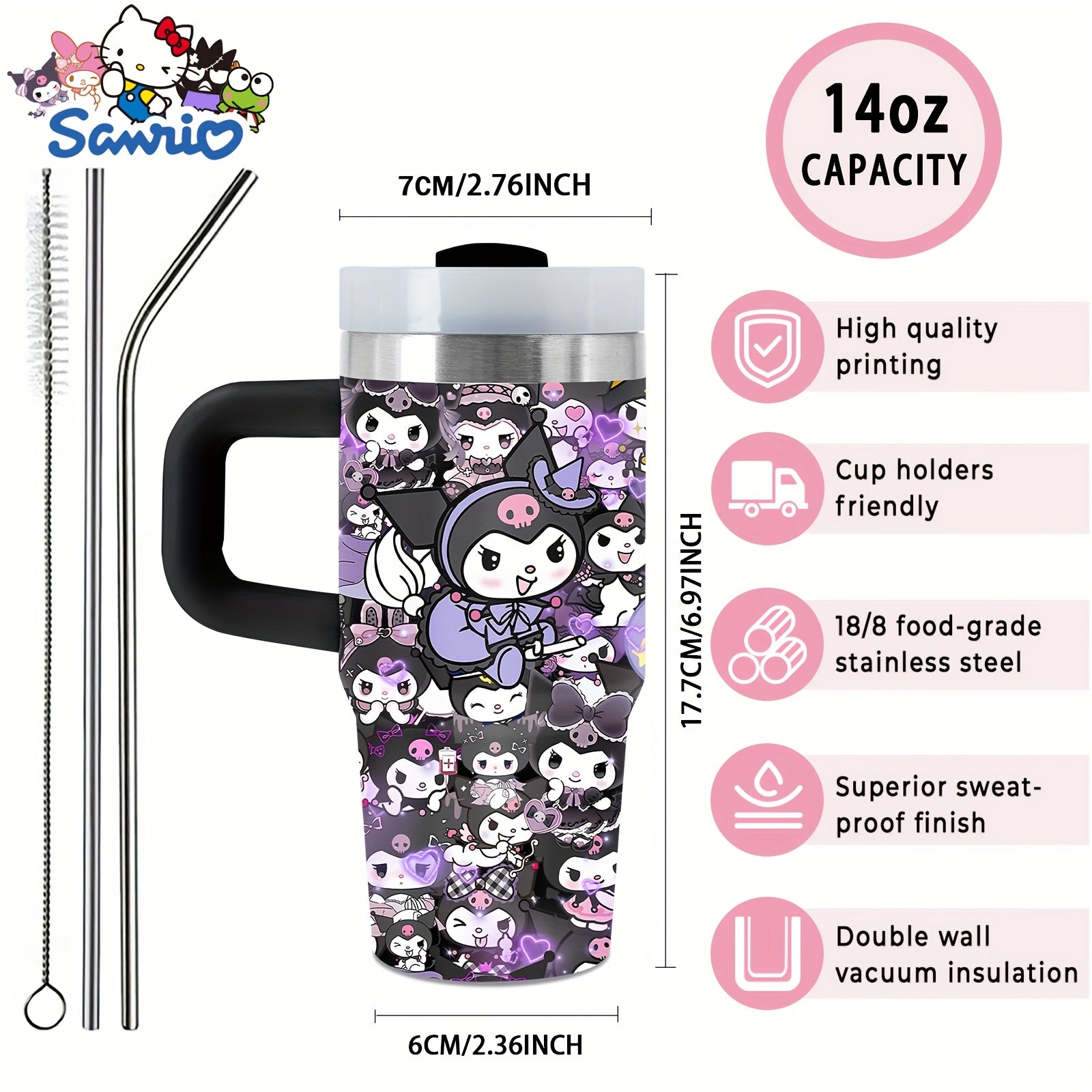 Sanrio Kuromi 14 oz Stainless Steel Insulated Water Bottle with Handle & Straw – BPA-Free, All-Season Gift