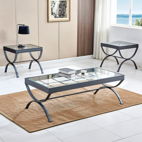 Emerson 3-Piece Coffee & End Table Set - Modern Faux Marble Living Room Tables (Silver)