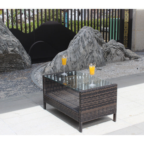 All-Weather Wicker Patio Coffee Table with Glass Top - Outdoor Rattan Center Table