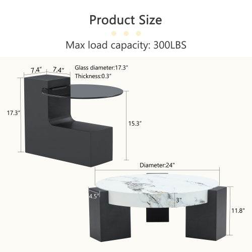 Modern Double-Layer Round Coffee Table ☕ Transparent Gray Glass Top with Black MDF Legs – Space-Saving Design