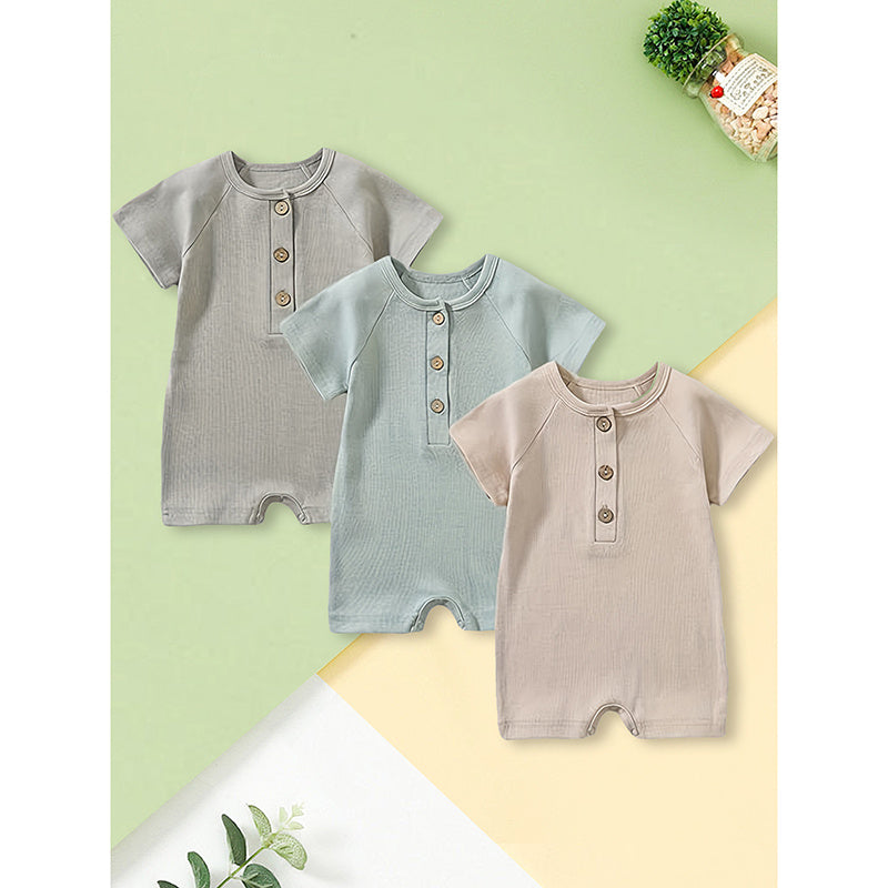 3-Pack Baby Boys Long Sleeve Romper Set – Ribbed One-Piece Jumpsuits with Buttons
