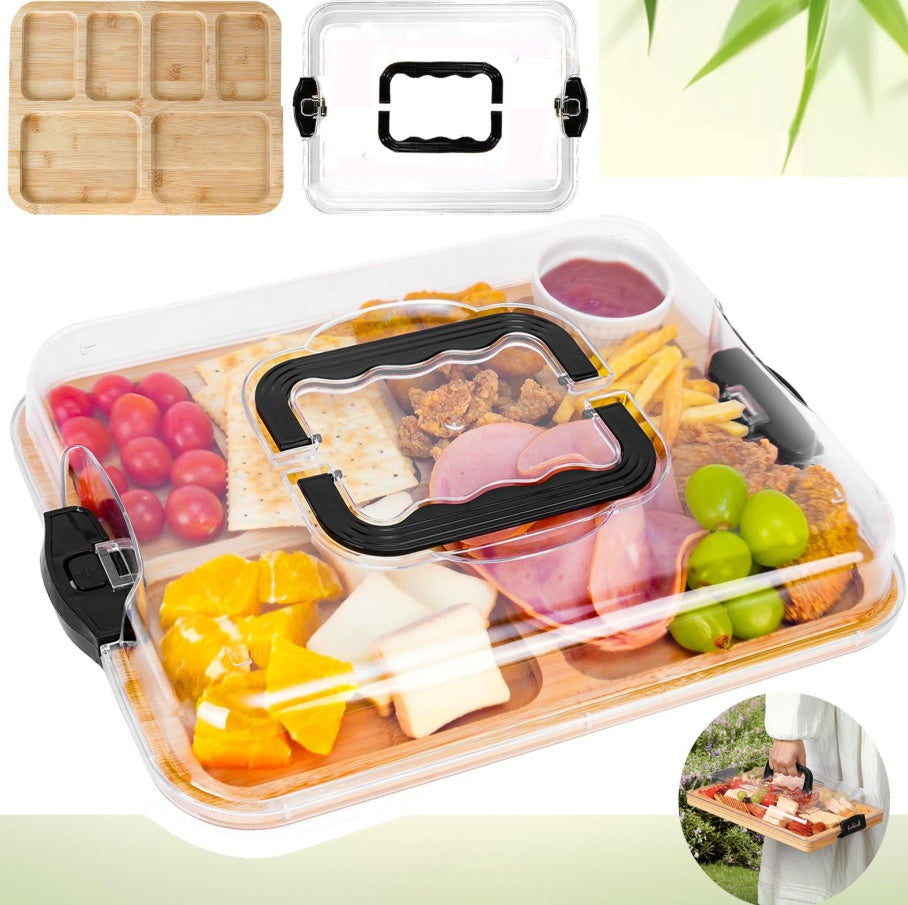 Charcuterie Board with Clear Lid – Portable Bamboo Serving Tray, 6 Compartments, Travel-Friendly