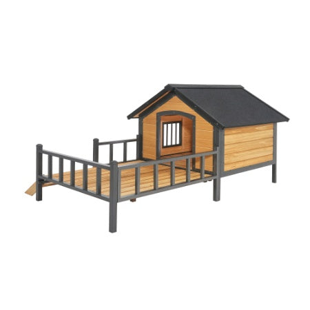 Outdoor Large Wooden Cabin-Style Dog Kennel with Porch – Spacious Walk-In Shelter (Grey)