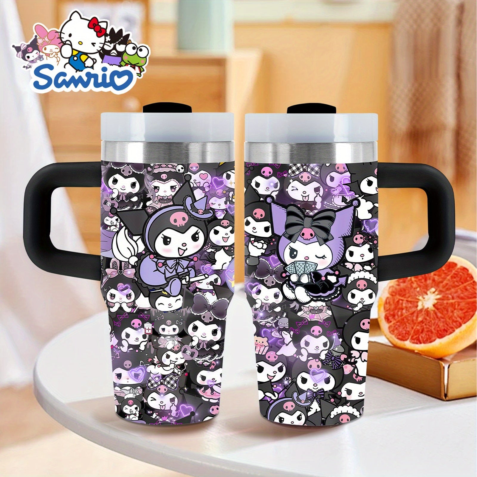 Sanrio Kuromi 14 oz Stainless Steel Insulated Water Bottle with Handle & Straw – BPA-Free, All-Season Gift