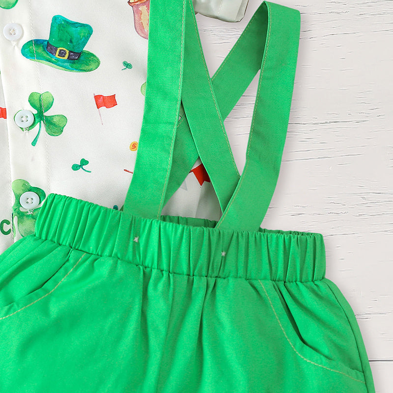 Newborn Baby Boy St. Patrick’s Day Outfit ☘️ Clover Print Romper & Suspenders Pants Set (119 karakter ✅)
