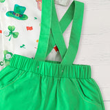 Newborn Baby Boy St. Patrick’s Day Outfit ☘️ Clover Print Romper & Suspenders Pants Set (119 karakter ✅)