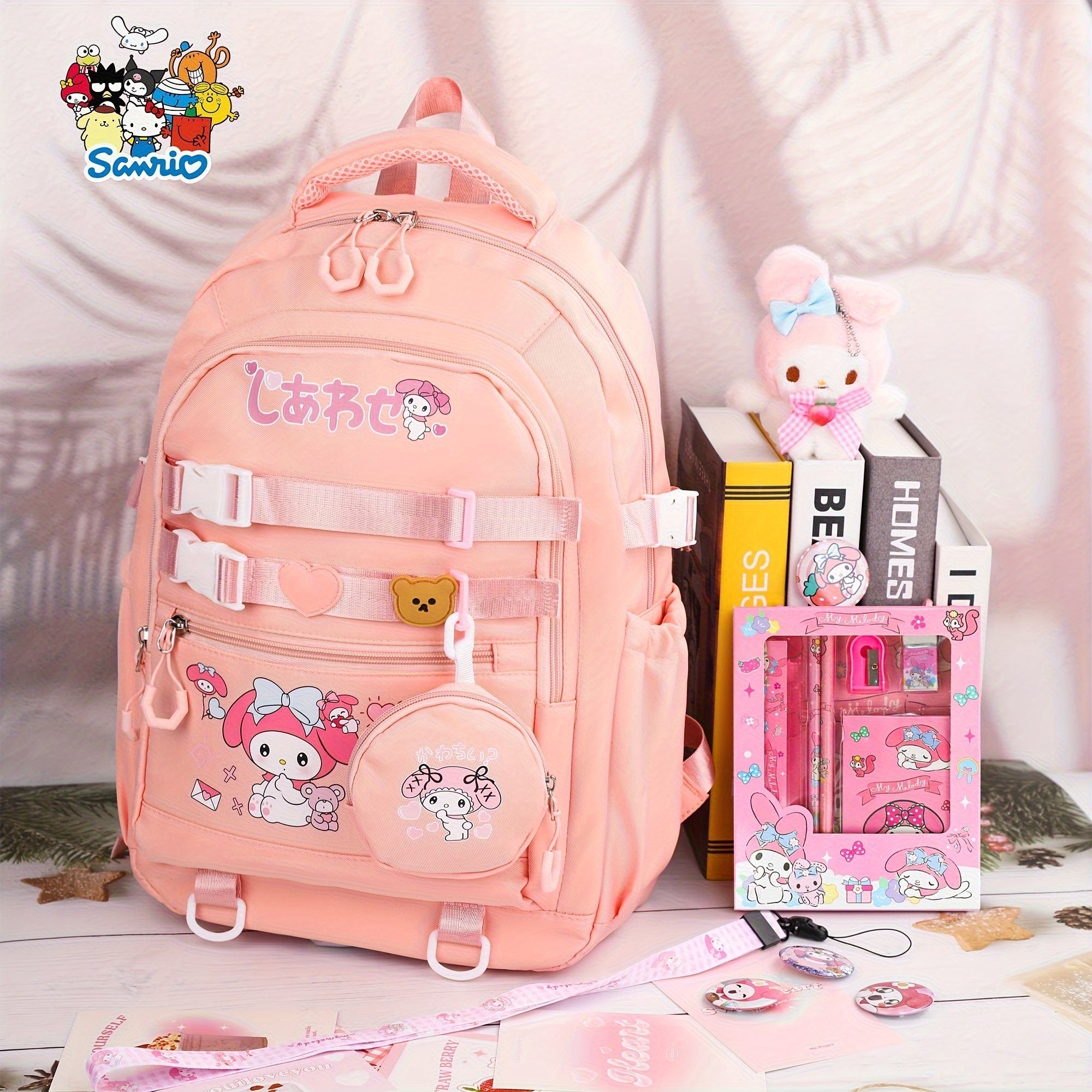 Sanrio Cinnamoroll & My Melody Large-Capacity Backpack Set – Includes Coat Purse, Stationery Set, Lanyard & 4 Badge Pins