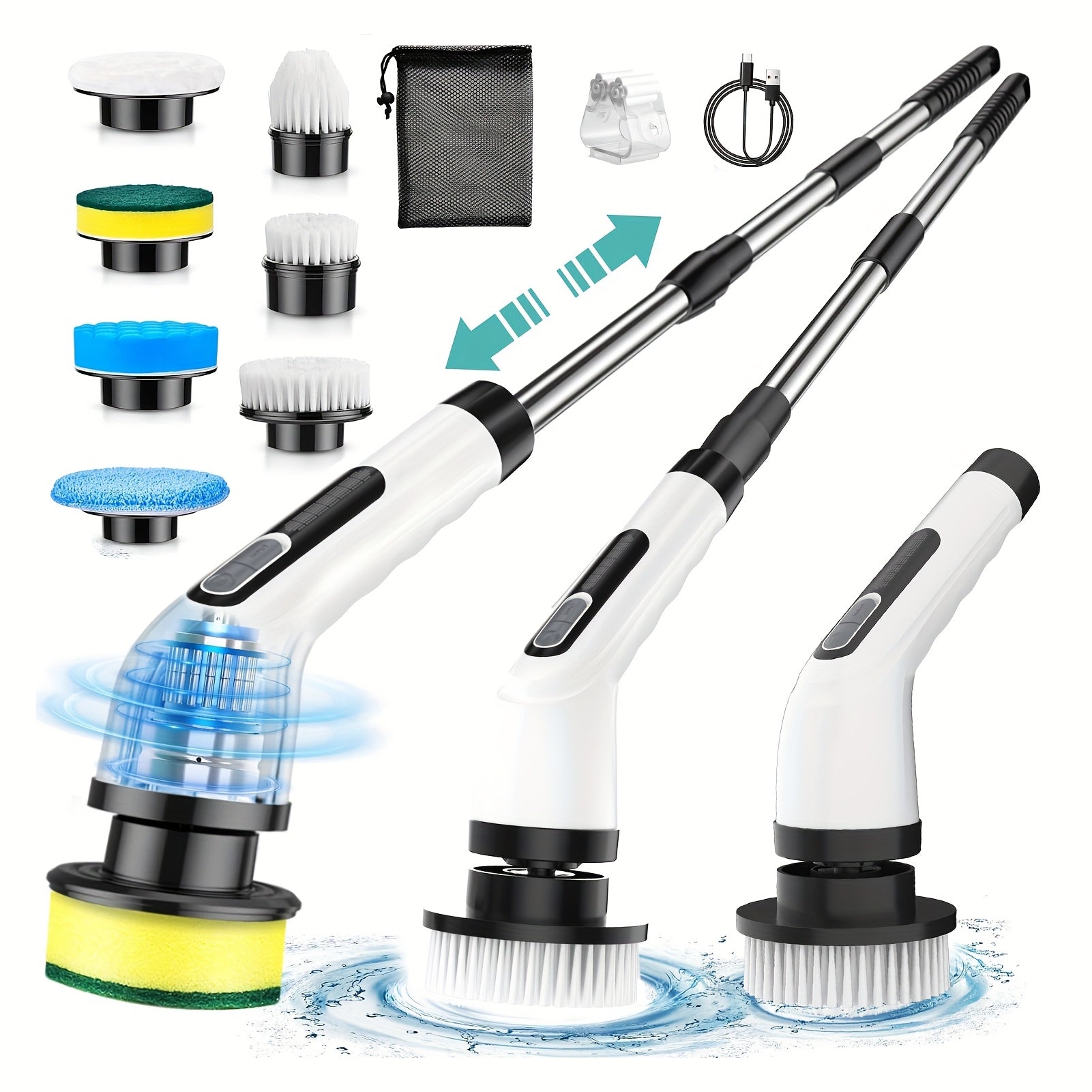 24 V Electric Spin Scrubber with Adjustable Handle & 8 Brush Heads – Adjustable Extension Handle, 2 Speed Settings for Bathroom, Kitchen, Car, Walls