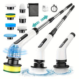 24 V Electric Spin Scrubber with Adjustable Handle & 8 Brush Heads – Adjustable Extension Handle, 2 Speed Settings for Bathroom, Kitchen, Car, Walls