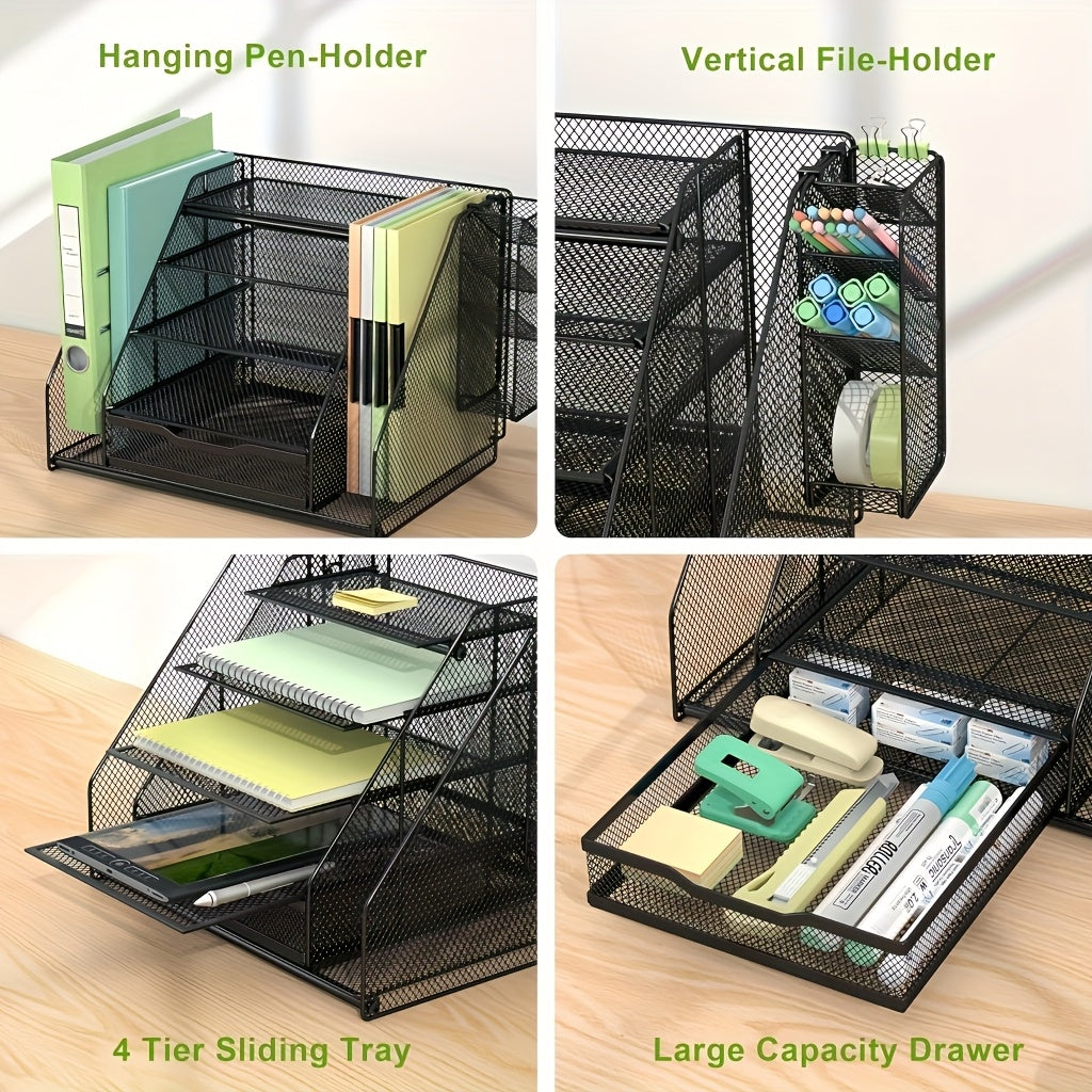 5-Shelf Mesh Desktop Organizer with File Shelf, Sliding Drawer & Large Pen Holder – Multi-Function Desk Storage for Home & Office 🗂️